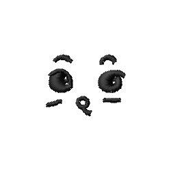Stylized face with large expressive eyes and simple mouth, in black thread on white background, playful design.
