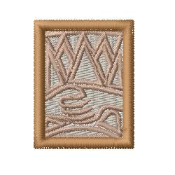 Stylized handshake in smooth embroidery threads with a geometric background and frame, modern minimalist design.