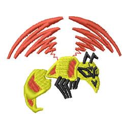 Stylized insect in vibrant yellow with bold black details, red accents suggest movement. Playful cartoonish design.