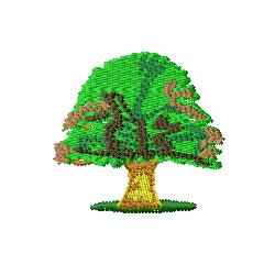 Stylized tree with vibrant green leaves, textured brown trunk, and grassy base in a cartoonish style.