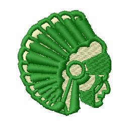Profile of a warrior with vibrant green feathered headdress and cream accents, featuring intricate details.