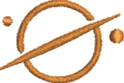 Circular design with a warm brown outline, diagonal line, and dots, showcasing simple modern embroidery.