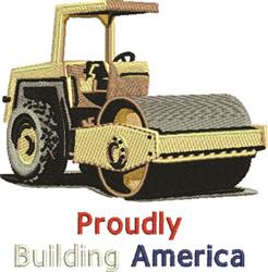 Construction roller in beige and gray with textured surface, featuring 'Proudly Building America' in bright colors.