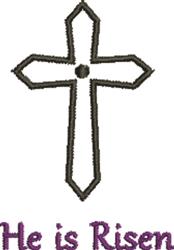 Simple cross outlined in black with a central dot and 'He is Risen' text in purple, ideal for Easter.