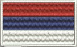 Bold flag patch with red, blue, and white horizontal stripes, showcasing a patriotic design.