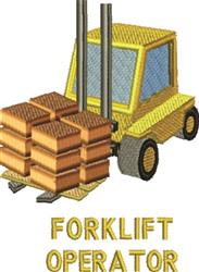 Cartoon forklift lifting a pallet of brown boxes, featuring a blue cabin and vibrant yellow design.