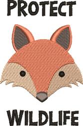 Cartoonish fox head with soft shapes and earthy colors, featuring black text 'PROTECT WILDLIFE'.