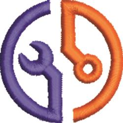 Geometric tool elements design featuring a bold wrench and circular tool in vibrant purple and orange colors.
