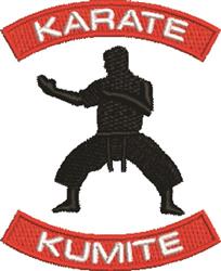 Karate practitioner silhouette in a dynamic stance, framed by bold red banners, perfect for martial arts enthusiasts.