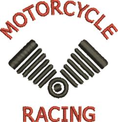 Stylized motorcycle engine components in a V-shape with bold black parts and vibrant 'MOTORCYCLE RACING' text below.