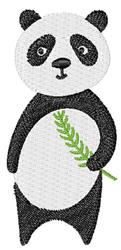 Cartoon panda holding a green leaf in its paw, with large expressive eyes and a playful demeanor, perfect for kids.