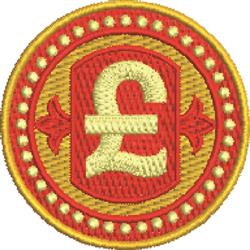 Vibrant pound symbol centered on a rich red background, bordered in gold with decorative elements, perfect for modern patches