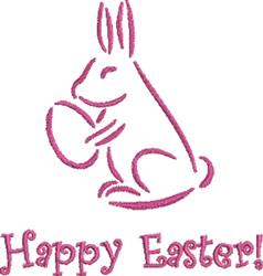 Cheerful rabbit holding a pink Easter egg with 'Happy Easter!' text, in a playful minimalist style.