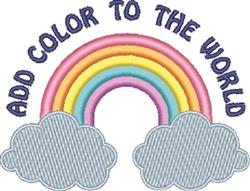 Playful rainbow with pastel colors above fluffy clouds and whimsical text 'ADD COLOR TO THE WORLD', perfect for spring decor.