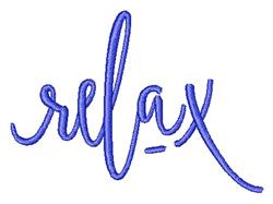 The word 'relax' in sleek cursive font, embroidered with vibrant blue thread, perfect for contemporary decor.
