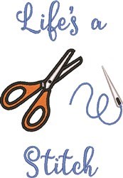 Whimsical scissors with orange handles beside a needle and blue thread swirl, perfect for quilting projects.