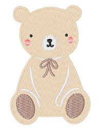 Cute plush bear with beige body, brown paws, gentle face, and charming bow, perfect for children's decor.