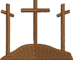 Three crosses on a hill in warm brown tones, simple and traditional design for Easter decor.