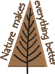 Stylized tree with a triangular shape in warm brown and playful black branches, with text 'Nature makes everything better'.