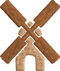 Stylized windmill with crossed blades above a sturdy base structure, featuring simple geometric lines in earthy brown tones.