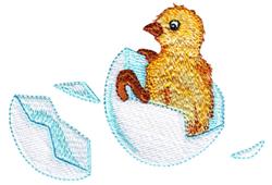 Playful yellow chick emerging from blue egg shell, with broken pieces scattered. Cheerful spring theme.