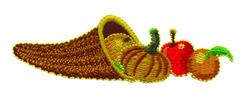Cornucopia filled with a pumpkin, apple, and acorn, featuring warm fall colors and intricate stitching. Perfect for festive d