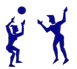 Two abstract figures in motion, bold blue silhouettes, dynamic pose reaching for a ball, modern minimalistic style.