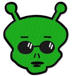 Cartoonish green alien character with sunglasses and bold black outlines, suitable for playful designs.