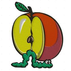 Cartoonish apple split red and yellow with a playful green worm peeking out and topped with a leaf.