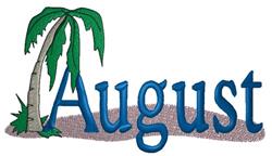 Playful blue 'August' text on sandy background with leaning green palm tree, capturing vibrant summer vibes.