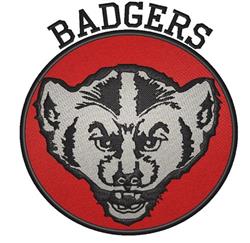 Stylized badger face in black and gray with 'BADGERS' text on a bold red background, graphic design.