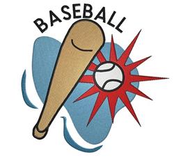 Baseball bat in light brown beside a white baseball, with a vibrant red starburst behind, playful design for sports season.