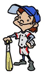 Cartoonish boy with a baseball bat and cap, vibrant colors, perfect for sports-themed designs.