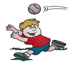 Cartoon boy in a red shirt and blue shorts joyful to catch a baseball, with playful blond hair on vibrant green grass.