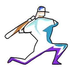 Stylized baseball player ready to swing a bat, outlined in vibrant blue and purple colors, capturing dynamic energy.