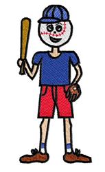 Cartoonish baseball player with a bat and glove, wearing a blue cap and shirt, ideal for playful embroidery.