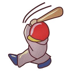 Cartoon baseball player ready to swing bat, wearing a red helmet and gray uniform, playful design for kids.