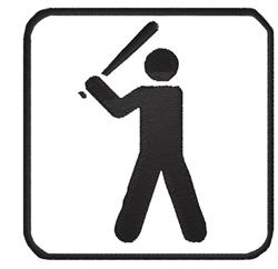 Simple silhouette of a person swinging a baseball bat, black on white, framed in a square, embodies dynamic sport.