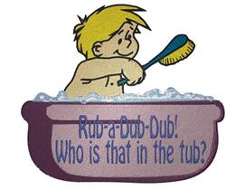 Playful cartoon boy splashing in a purple bathtub filled with bubbles, holding a bath brush, perfect for baby showers.