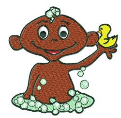 Cartoon child with brown skin joyfully holding a yellow rubber duck in a soapy bath surrounded by bubbles. Playful design.