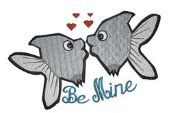 Cute fish applique with large eyes, surrounded by red hearts for Valentine's Day, invites love with blue 'Be Mine' text.