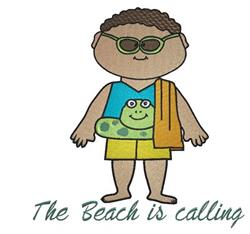Playful cartoon boy in beach attire, holding a frog float and wearing sunglasses. Summer theme with cheerful text.