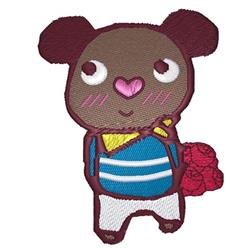 Cute bear character in playful striped top and white pants, holding a pink bag, exuding a cheerful vibe.