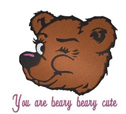 Cartoon bear face with a winking eye and pink nose, featuring text 'You are beary beary cute' below.