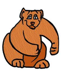 Cartoon bear with rounded body and expressive face, featuring bold black outlines and vivid orange and brown colors.