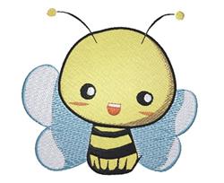 Cheerful cartoon bee with a yellow body and black stripes, featuring playful blue wings. Perfect for kids' designs.