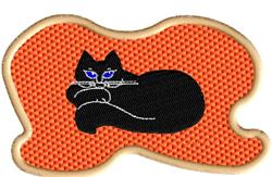 Cartoonish black cat with blue eyes lounging on a vibrant orange background, featuring a playful aesthetic.
