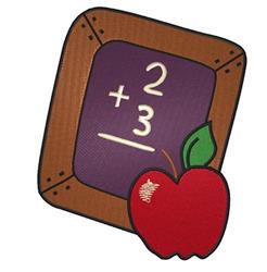 Playful blackboard showcasing a math equation with +2 and 3, vibrant red apple, perfect for educational themes.
