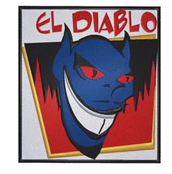 Stylized blue devil head with sharp red eyes and a smirk, set against bold red and black shapes. Applique design.