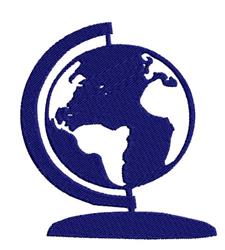 Stylized globe in blue thread with simplistic continents, elegantly mounted on a round base, ideal for educational themes.